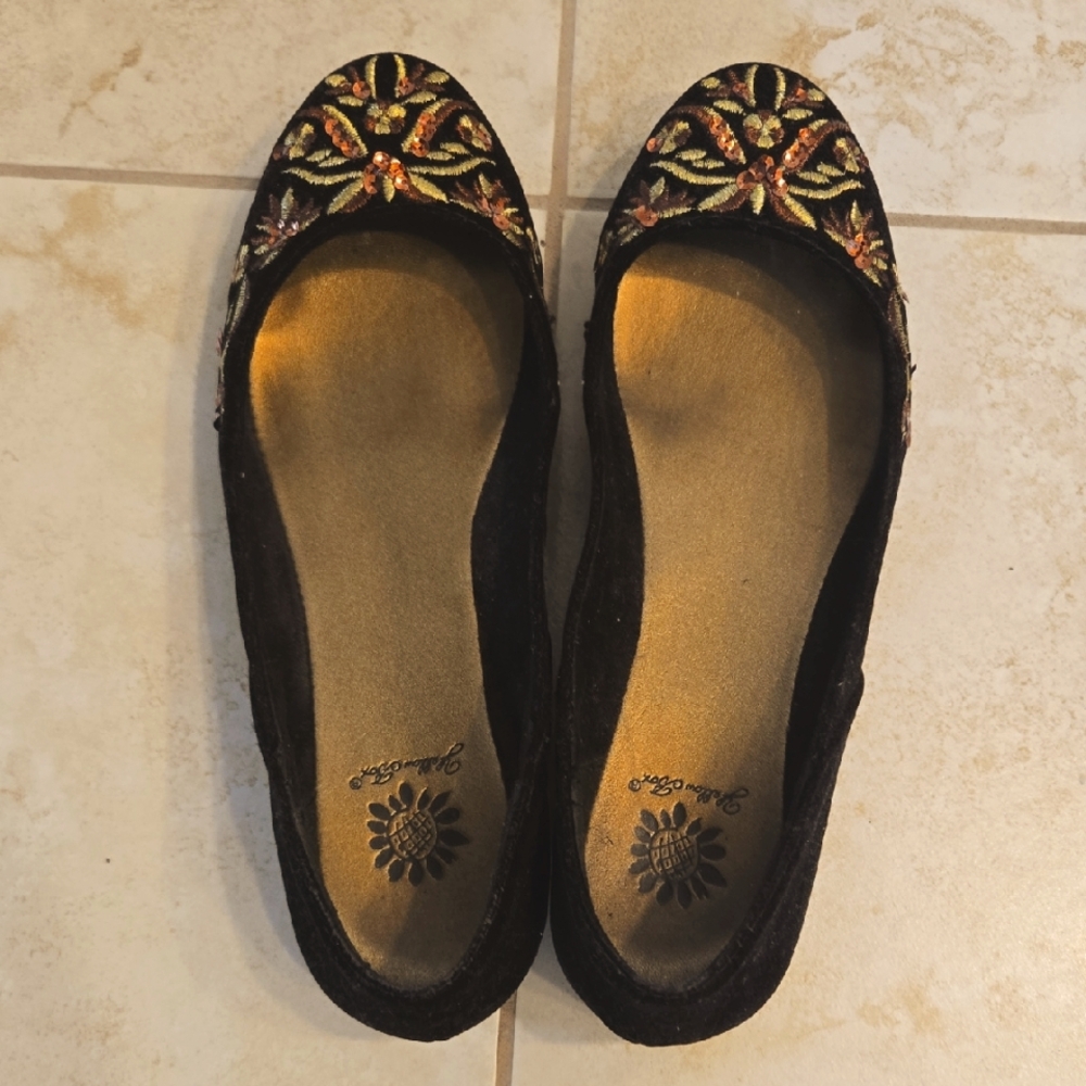 Black Velvet Ballet Flats with Gold and Bronze Embellishments
